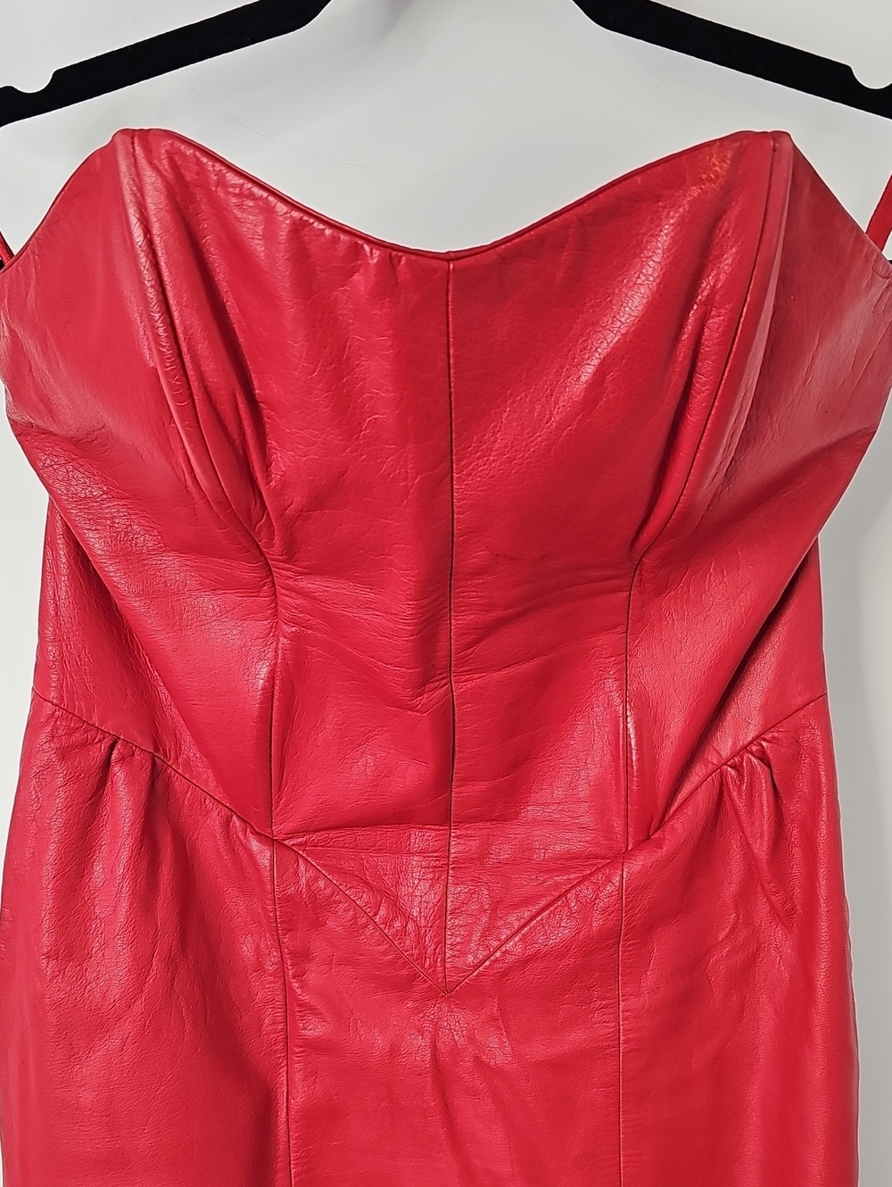 Wilson's Strapless Red 100% Leather Sweetheart Neckline Smocked Back Dress Y2K - Picture 4 of 14
